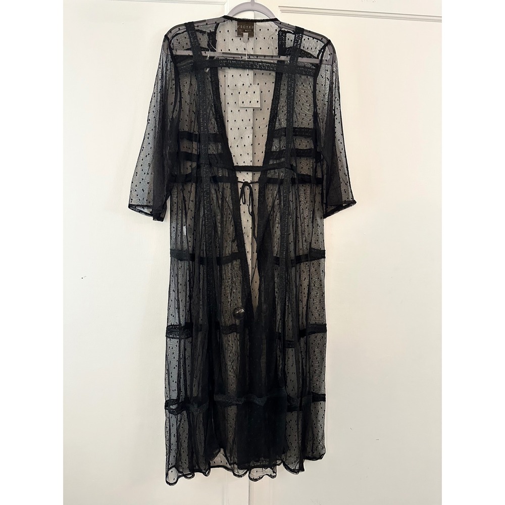 HAYDEN LOS ANGELES Black Sheer Polka Dot Lace Trim Kimono Duster Size‎ S M - Picture 3 of 4